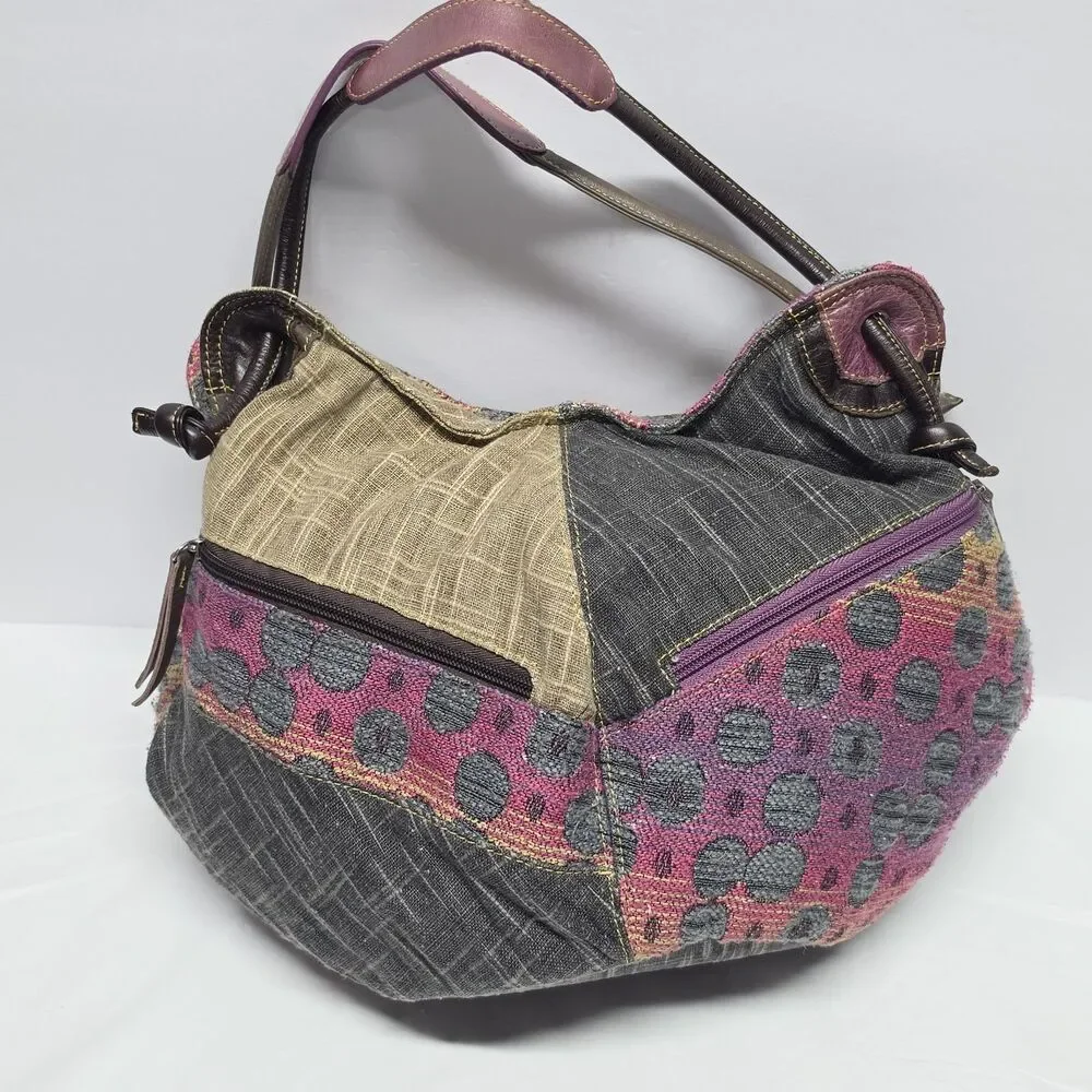 Cirque Du Soleil Geometric Tassel Purse Handbag Fabric and Leather Purple Gray